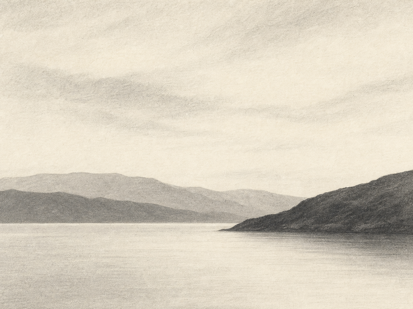 Monochrome graphite fjord landscape with layered low mountains, calm water, and a darker headland tapering into the scene.