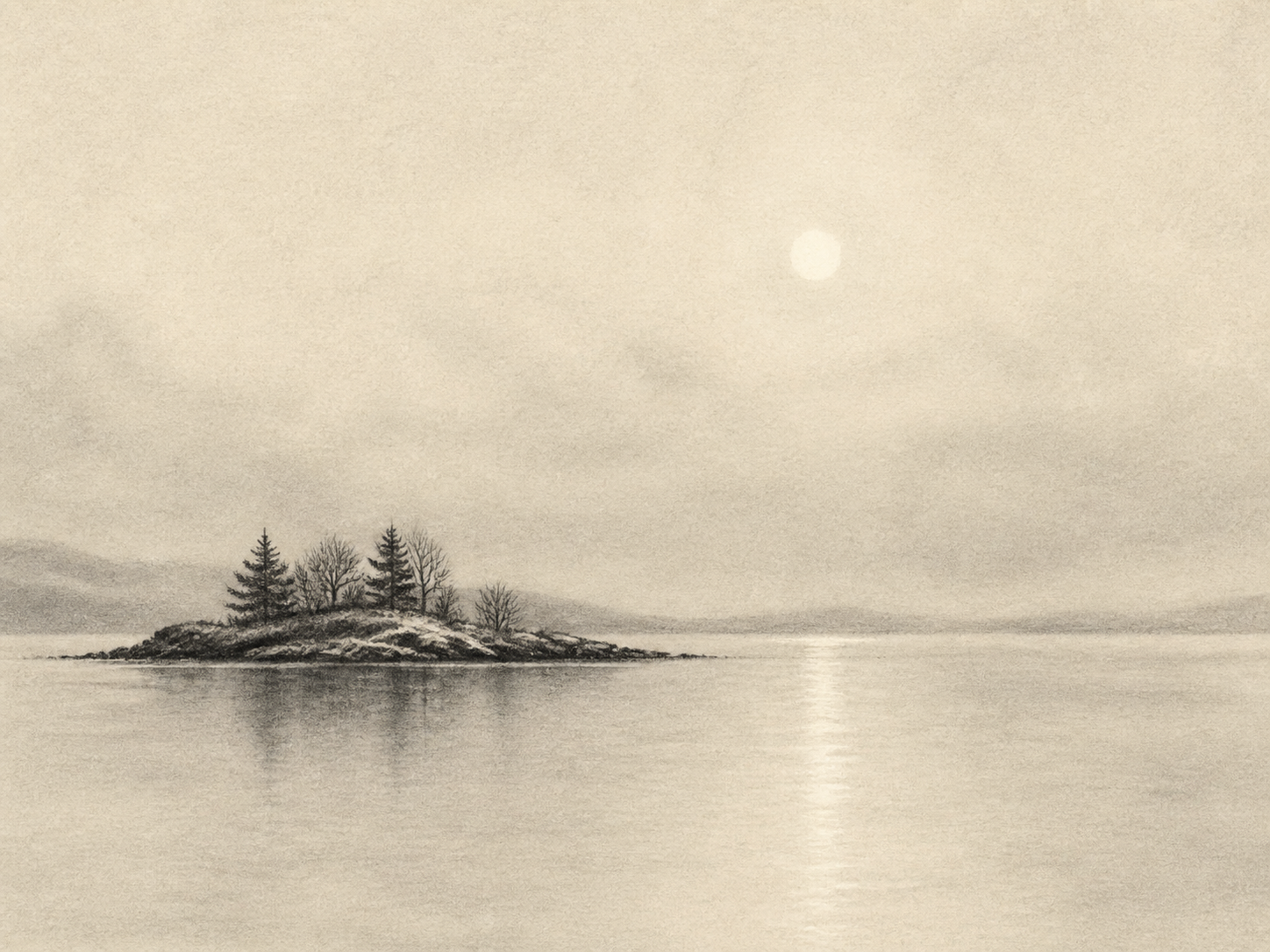 Monochrome graphite inlet landscape with a small low island, pale winter sun, and soft reflected light on still water.