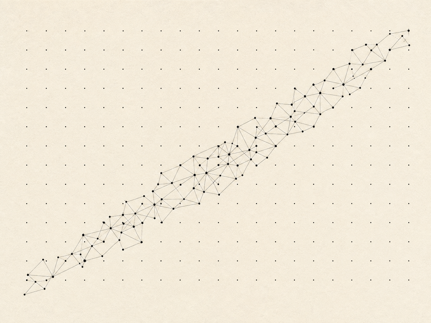 Generative monochrome node lattice artwork with small dots connected along a diagonal band.