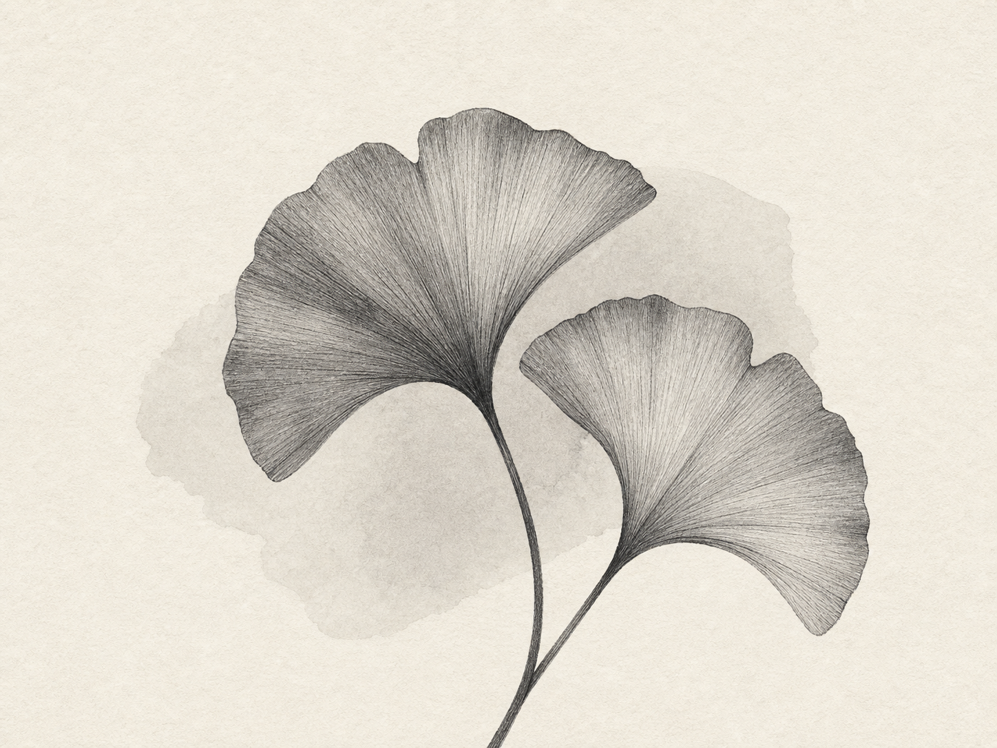 Monochrome botanical artwork with two ginkgo-like fan leaves overlapping softly above a pale wash.