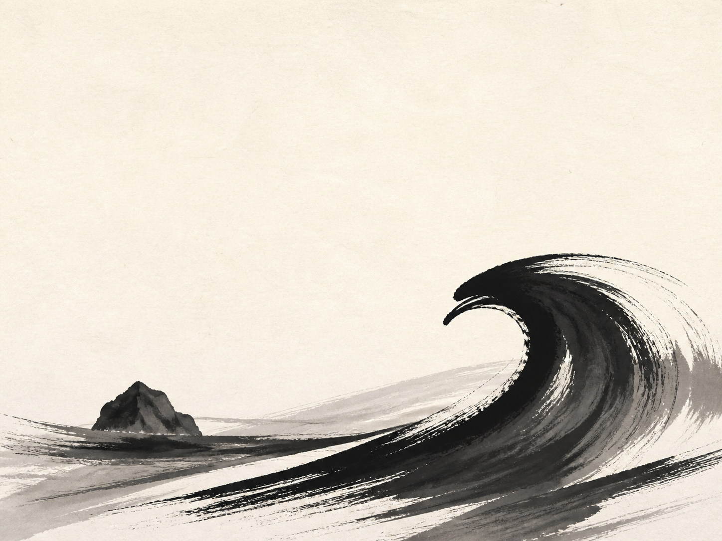 Monochrome ink brush artwork of a sweeping wave gesture beside a small rock with open paper above.